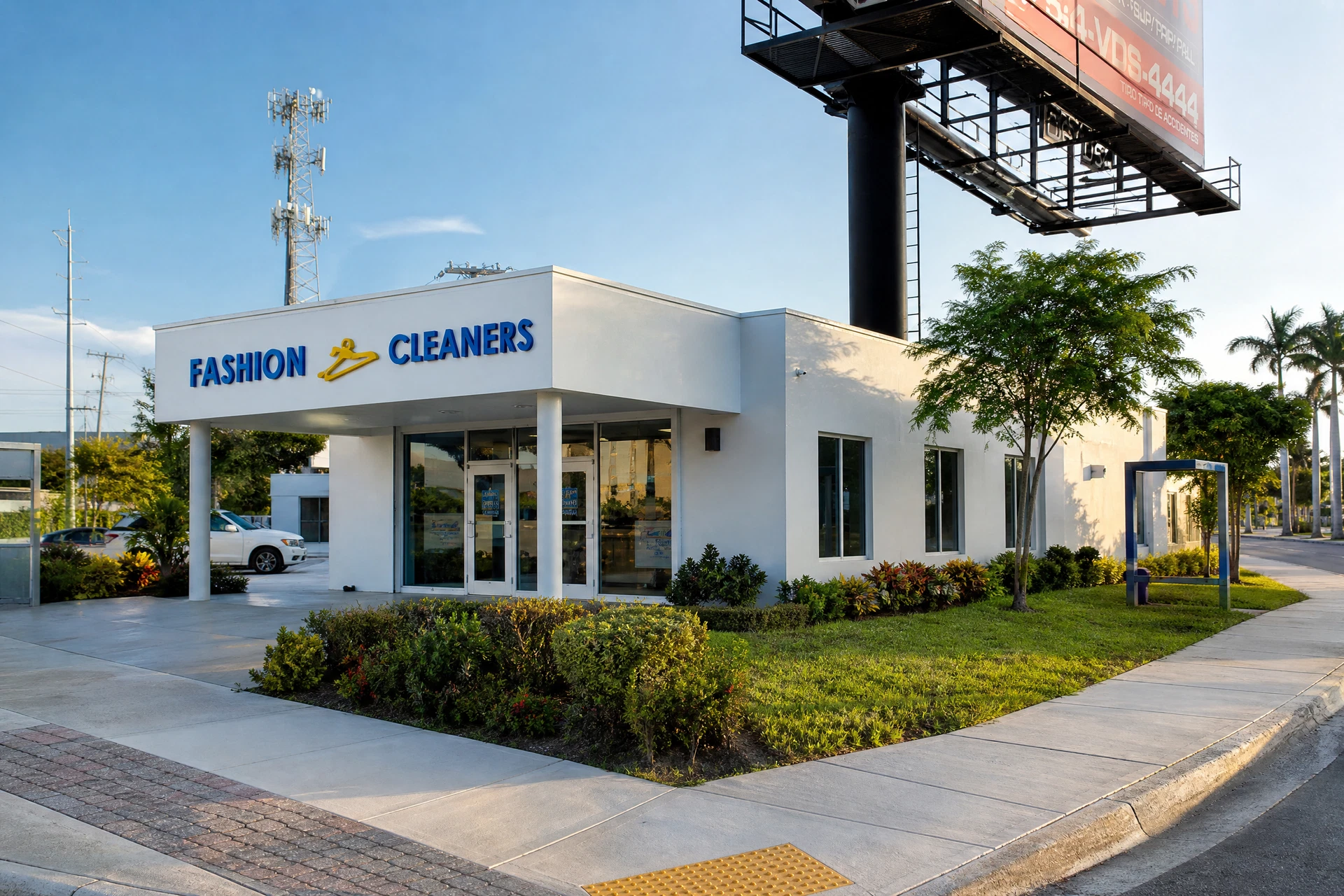 Fashion Cleaners from a near-curb three-quarter angle